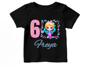 a black shirt with a picture of a girl's 6th birthday