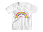 a white t - shirt with a rainbow and the word sophiia on it