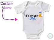 a baby bodysuit with a name and a picture of a pizza slice