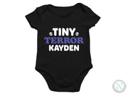 a black bodysuit that says tiny, terrible, kayden