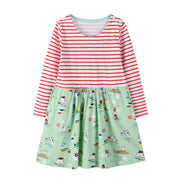 SkipStars Full Sleeve Nature Theme Striped Girls Dress, Green