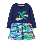 Long-Sleeve Dinosaur & Rainbow Dress