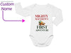 a baby bodysuit with the words mighty mathew&#39;s first adventure on it