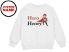 a white sweatshirt with a picture of a hero henry on it