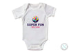 a white bodysuit with the words super fun william on it