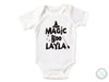 a white bodysuit with the words magic boo layla on it