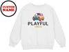 a white sweatshirt with a colorful car on it