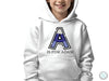 a is for adam on a white hoodie