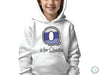 a young boy wearing a white hoodie with the letter q on it