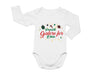 a white long sleeved bodysuit with a holiday message