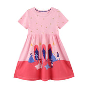 Kurzärmliges Magical Kingdom Kleid für kleine Mädchen in Pink | Kleinkind Kind Sommer Tücher Baby Mädchen Kleid Geschenk Prinzessin Kleider Tücher 2-8 Jahre