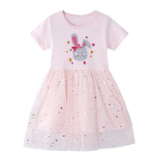 Princess Cute Bunny Pattern Pink Short Sleeve Summer Dress