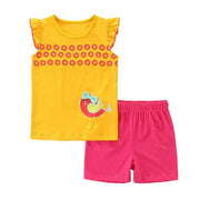 Gelbes und rosa Kleinkind-Mädchen-Vogel-Muster-2-teiliges T-Shirt und Shorts-Set