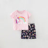 Kurzarm-Kleinkind-Mädchen, 2-teiliges Regenbogen-Einhorn-T-Shirt und Shorts-Set